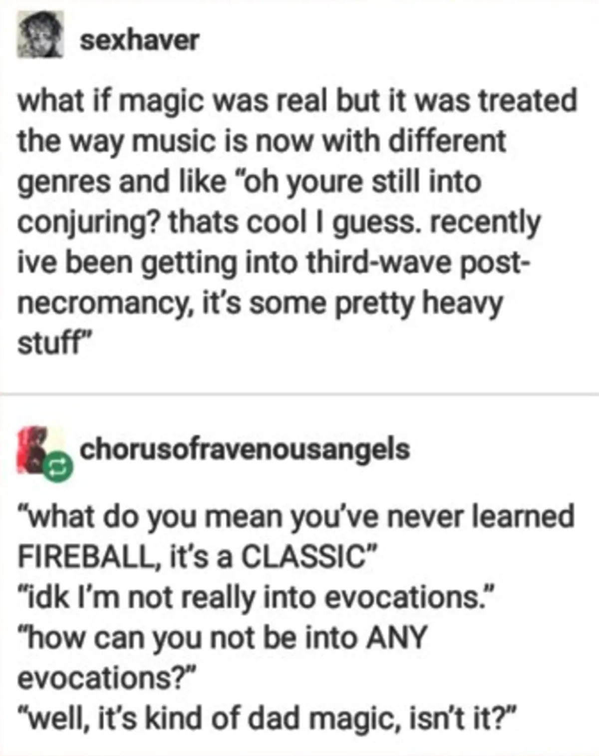 The image displays a screenshot of a Reddit-style conversation. The first user, 'sexhaver', poses a hypothetical about magic…