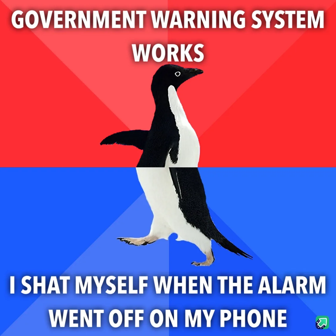 A penguin stands centered against a red and blue background, with bold white text at the top reading 'GOVERNMENT WARNING…