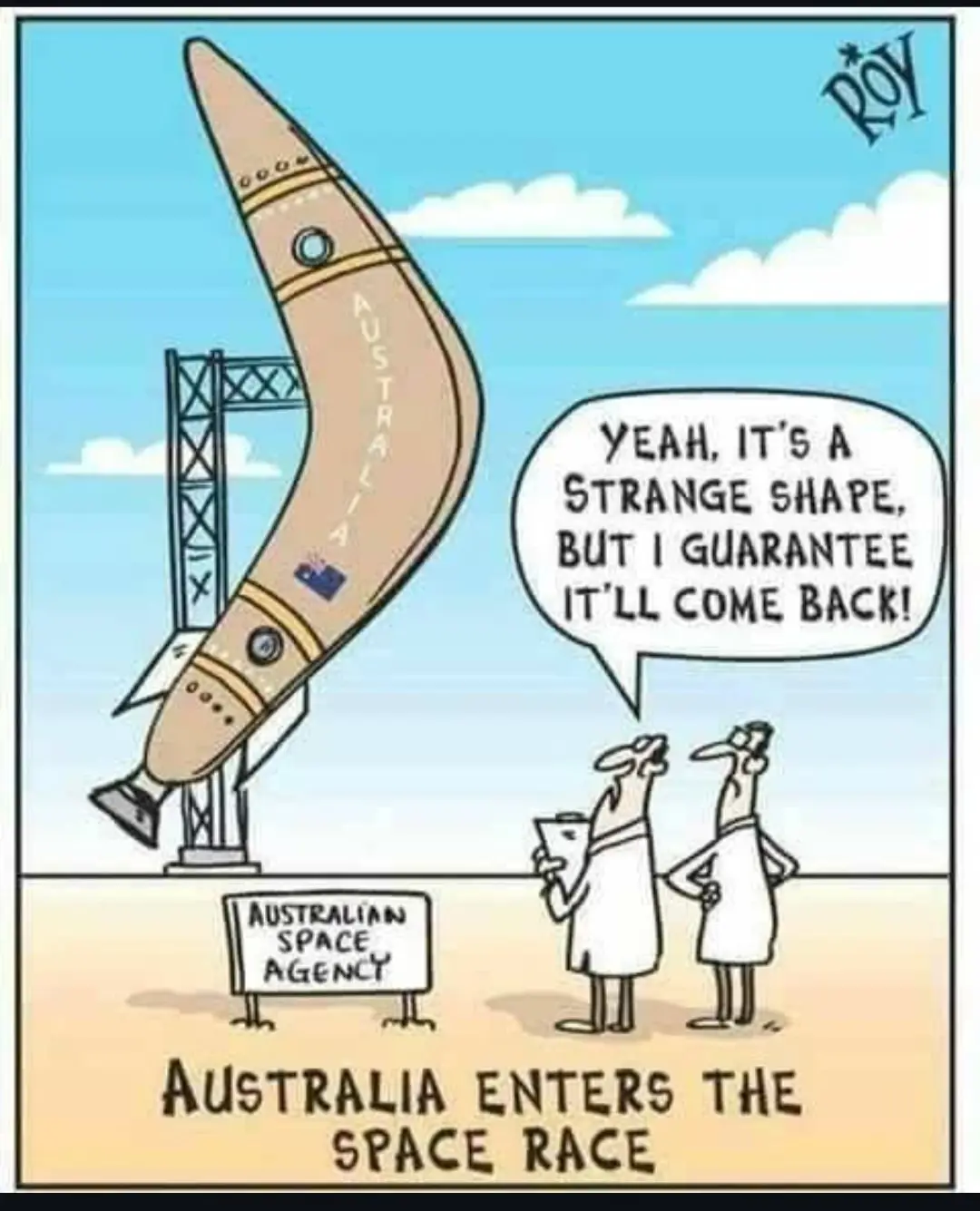 A cartoon depicts two scientists from the Australian Space Agency standing before a rocket shaped like a boomerang, which…