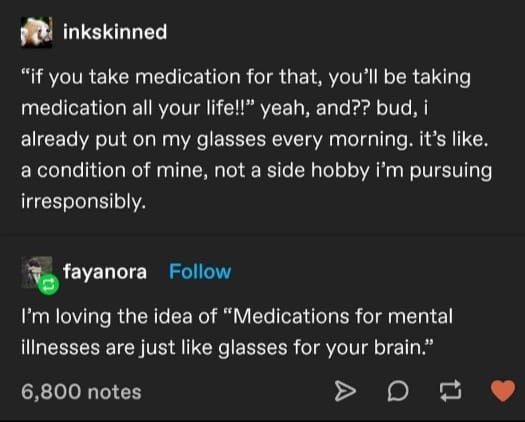 A screenshot of a Tumblr comment thread where user 'inksinned' responds to a comment about lifelong medication by comparing…