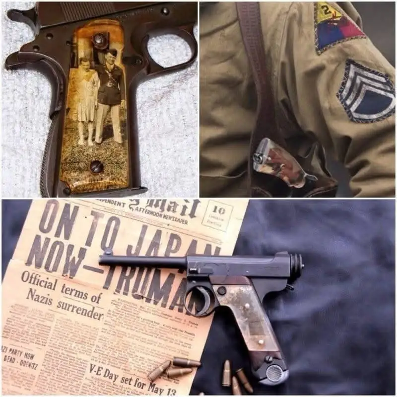A collage of three images: a pistol with an engraved photo of a couple on its grip, a military uniform with a sergeant's…
