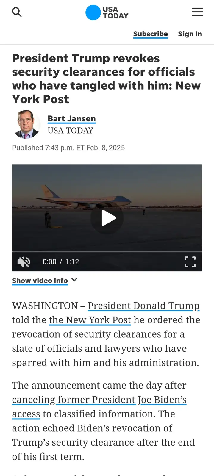 A screenshot of a USA TODAY news article from February 8, 2025, featuring a video thumbnail of Air Force One on a tarmac…