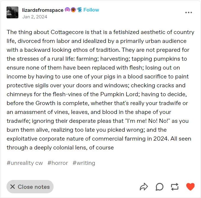 A screenshot of a social media post by 'lizardsfromspace' dated January 2, 2024, featuring a long, satirical text that…