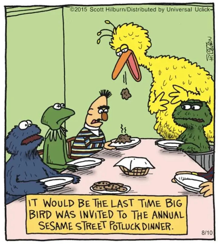 A comic strip depicts Big Bird, a large yellow bird, drooling and spitting food while seated at a dinner table with other…