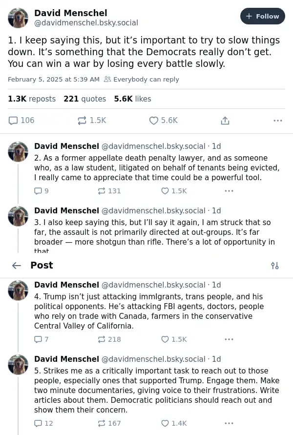 A screenshot of five consecutive tweets from David Menschel, each numbered 1 through 5, detailing his political analysis…