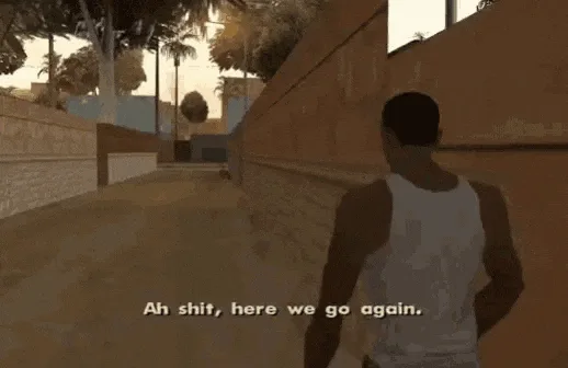 The image shows a character from the video game GTA San Andreas walking down a narrow alleyway, with the same text overlay…