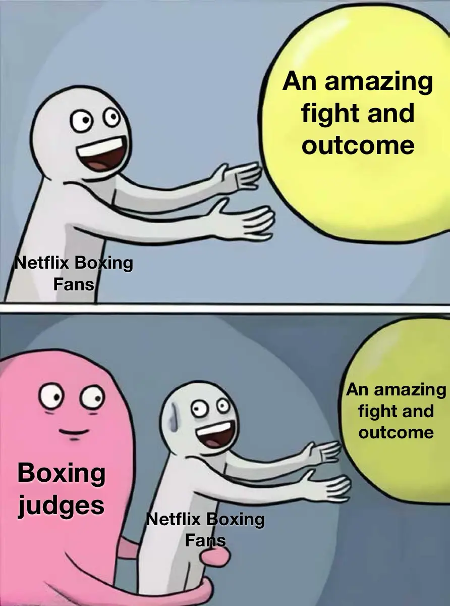 The top panel shows a white stick figure labeled 'Netflix Boxing Fans' happily reaching toward a yellow speech bubble that…