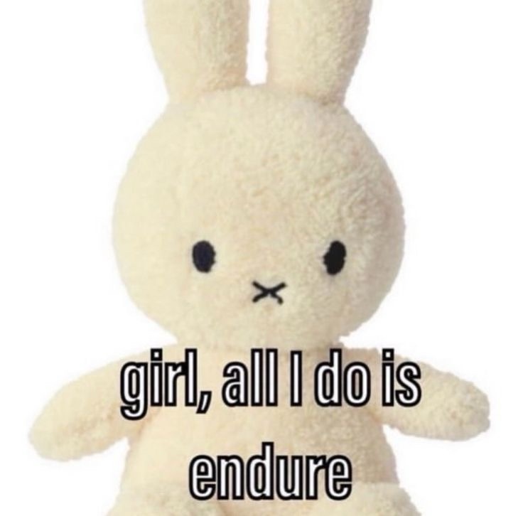 A beige plush rabbit with simple black eyes and an X-shaped mouth, set against a plain white background, has the text 'girl…