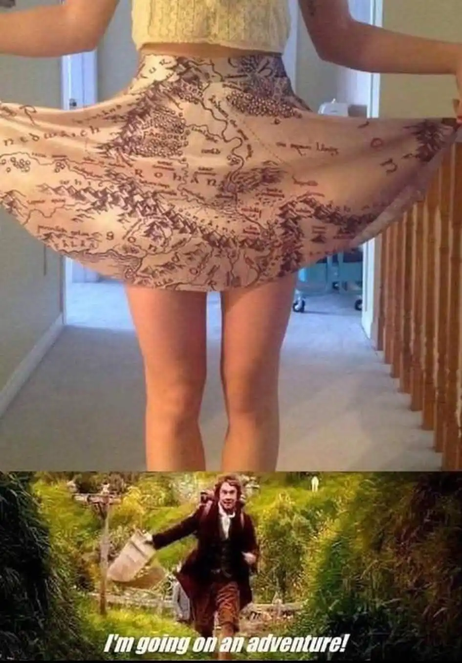 A person is shown from behind, spinning in a skirt printed with a detailed map of Middle-earth from The Lord of the Rings…
