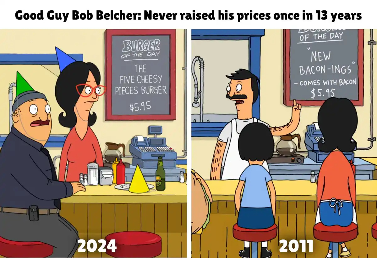 Two panels from Bob's Burgers show the same burger priced at $5.95 in 2024 and 2011, highlighting Bob Belcher's…