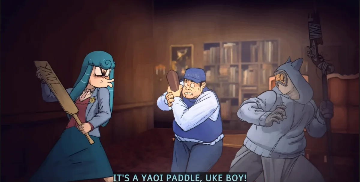 Three animated characters stand in a dimly lit room with bookshelves in the background. On the left, a girl with blue hair…