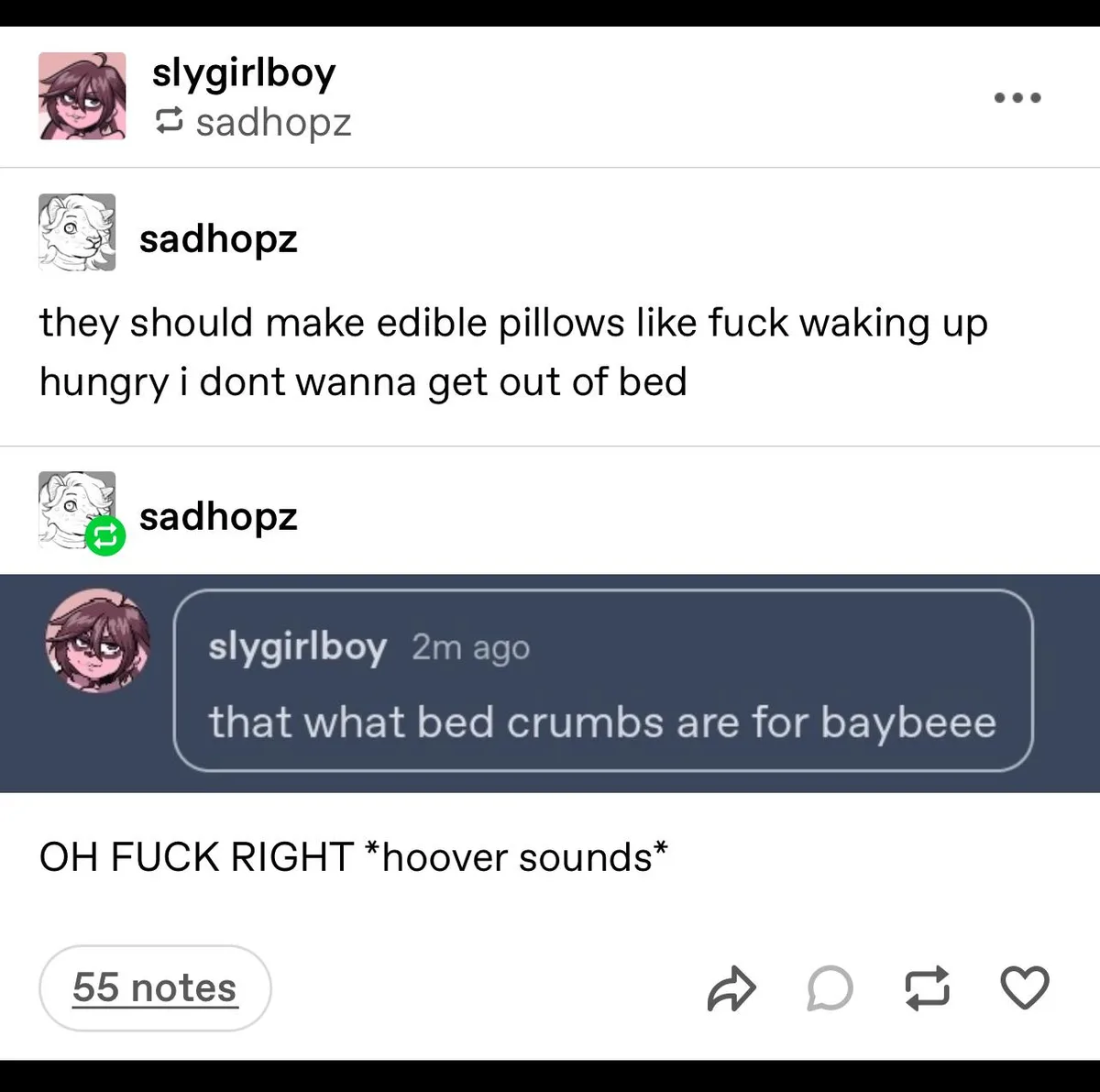 A screenshot of a Tumblr conversation where user 'sadhopz' complains about waking up hungry and wanting edible pillows. User…