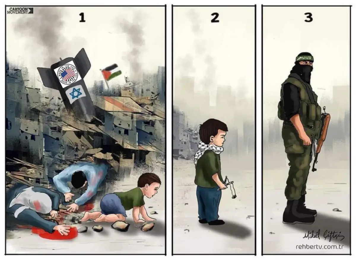 This three-panel cartoon depicts a sequence: first, a bomb marked 'Made in the USA' and bearing an Israeli flag destroys a…