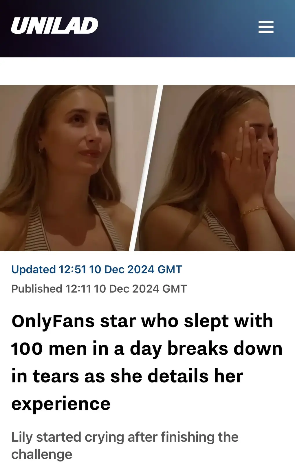 A split-screen image shows a woman in a striped top, first looking upward with a pensive expression, then covering her face…