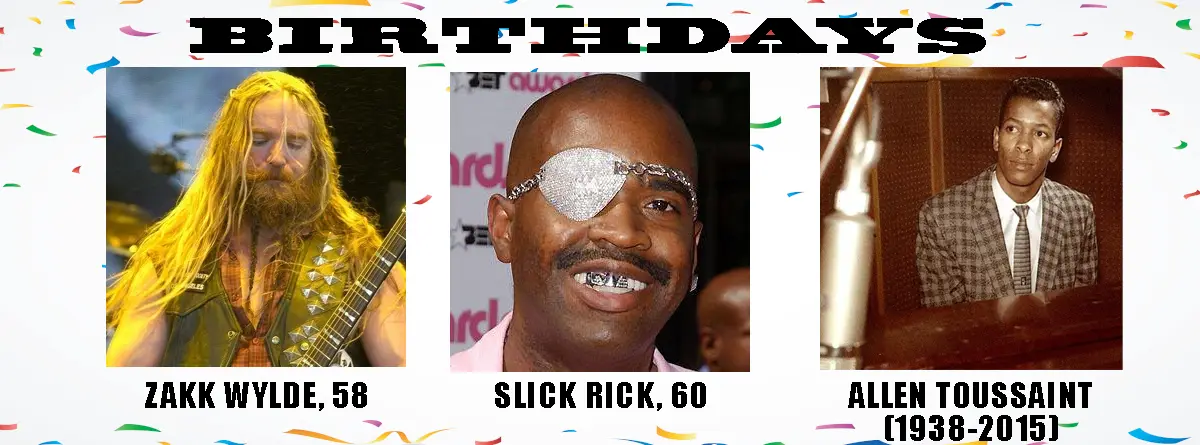 A celebratory birthday meme featuring three men: Zakk Wylde holding a guitar, Slick Rick with a glittery eye patch and…