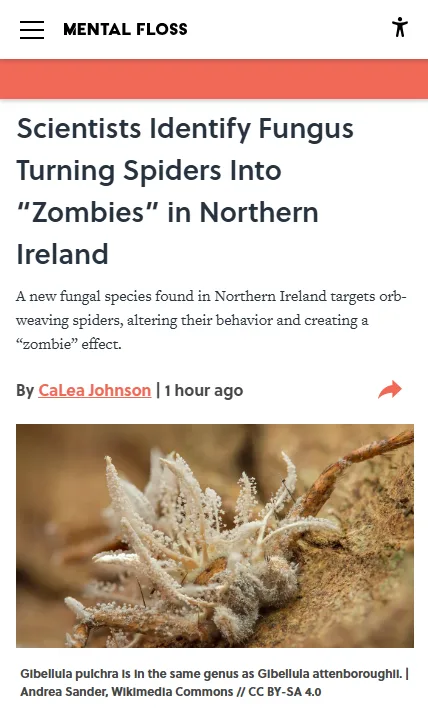 A screenshot of a Mental Floss article headline about a fungus turning spiders into 'zombies' in Northern Ireland, overlaid…