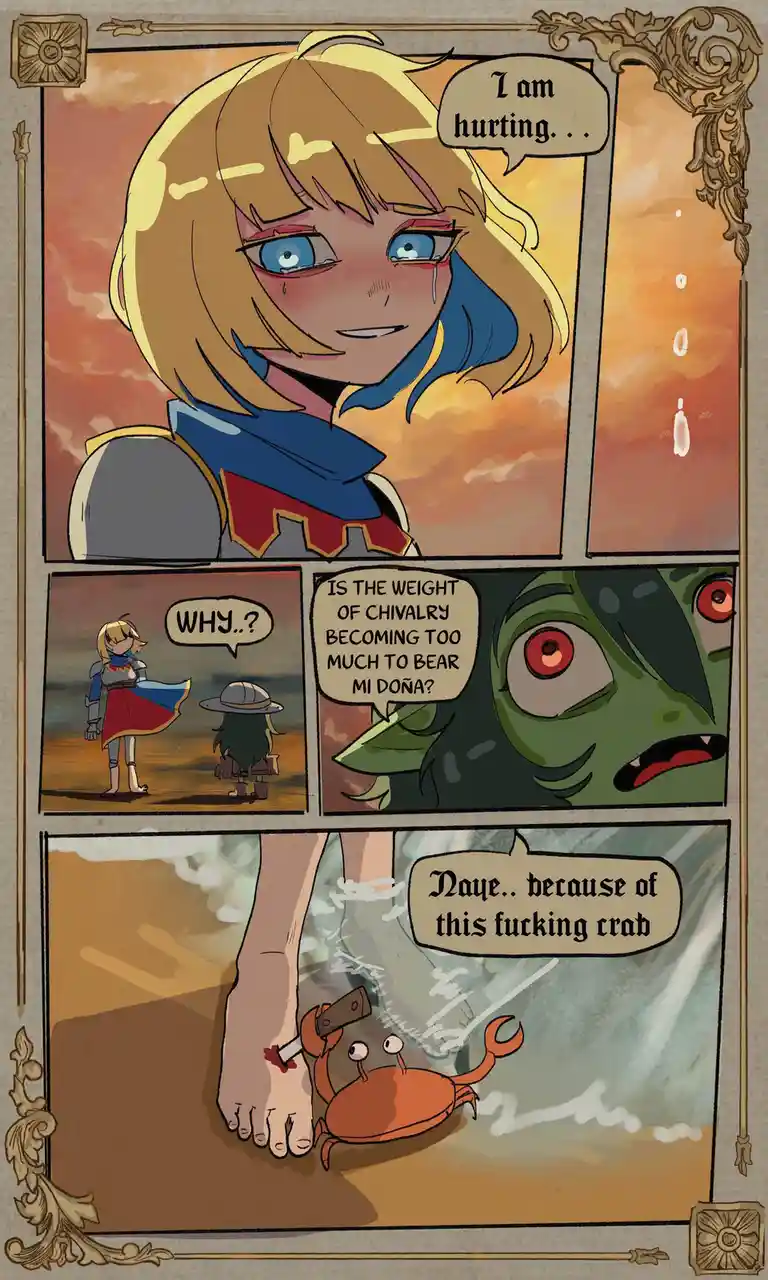 A four-panel comic strip shows a knight in armor crying and saying 'I am hurting...'. A green-skinned character asks if the…