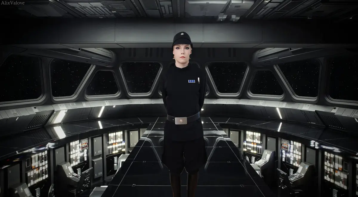 A person in a black Imperial officer uniform stands centered in a futuristic spaceship bridge with starfield views through…