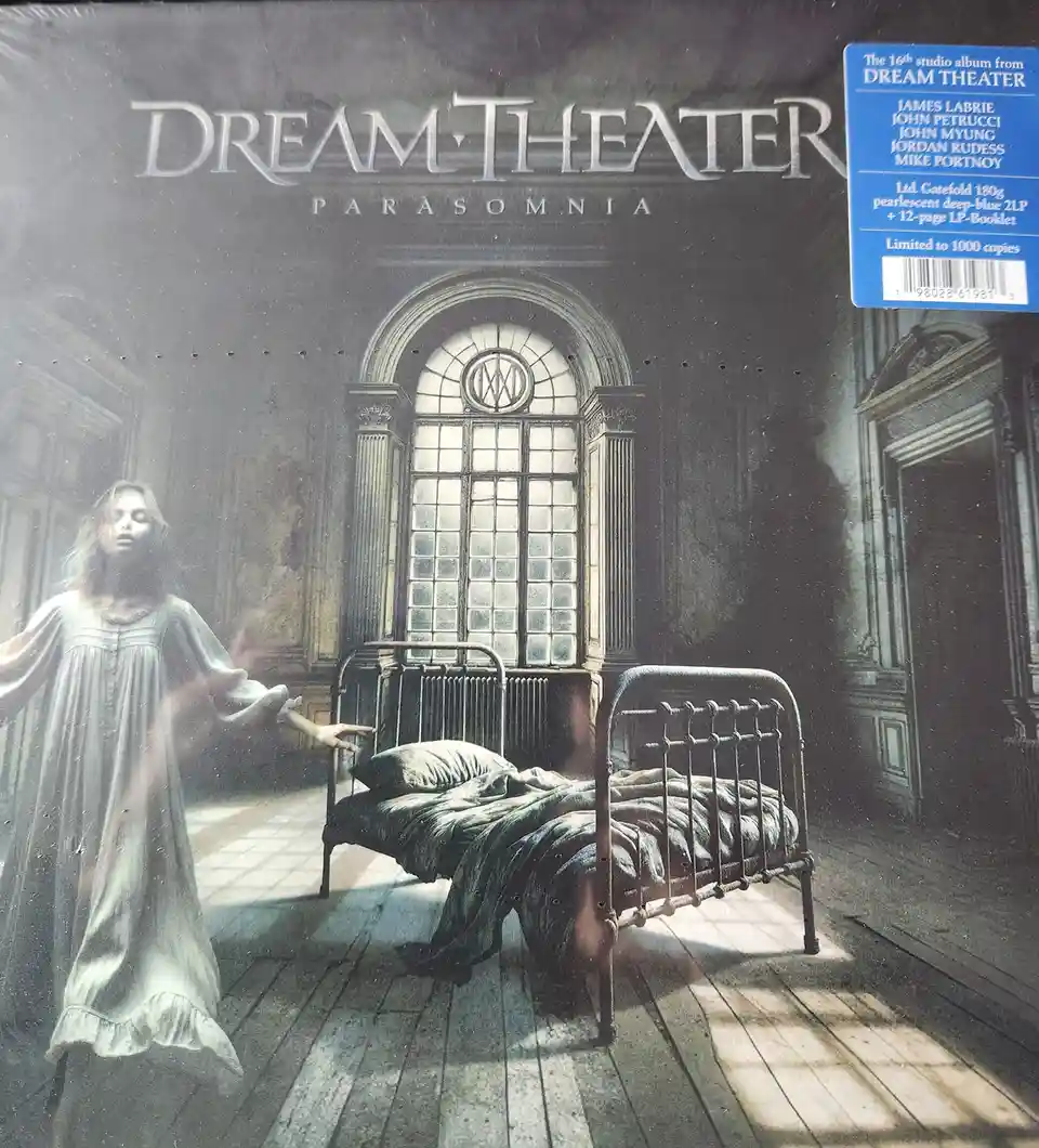 The image shows the album cover for Dream Theater's 'Parasomnia,' featuring a ghostly woman in a nightgown standing beside…