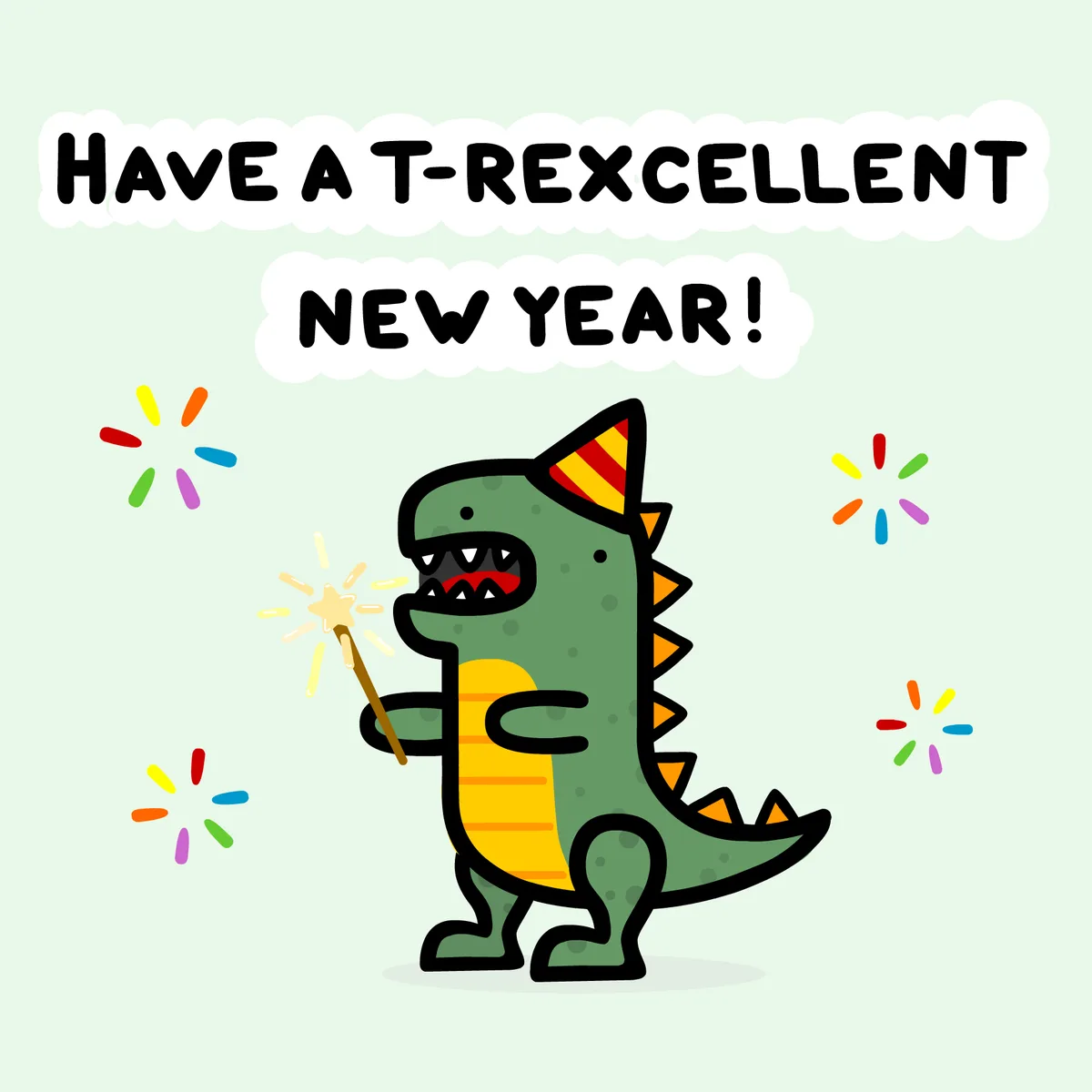 A cartoon green T-rex wearing a red and yellow striped party hat holds a lit sparkler, surrounded by colorful fireworks…