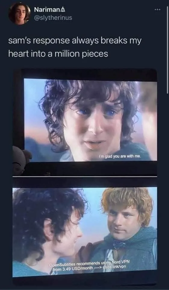 The image shows two scenes from 'The Lord of the Rings'. The top panel features Frodo Baggins looking emotional, with the…