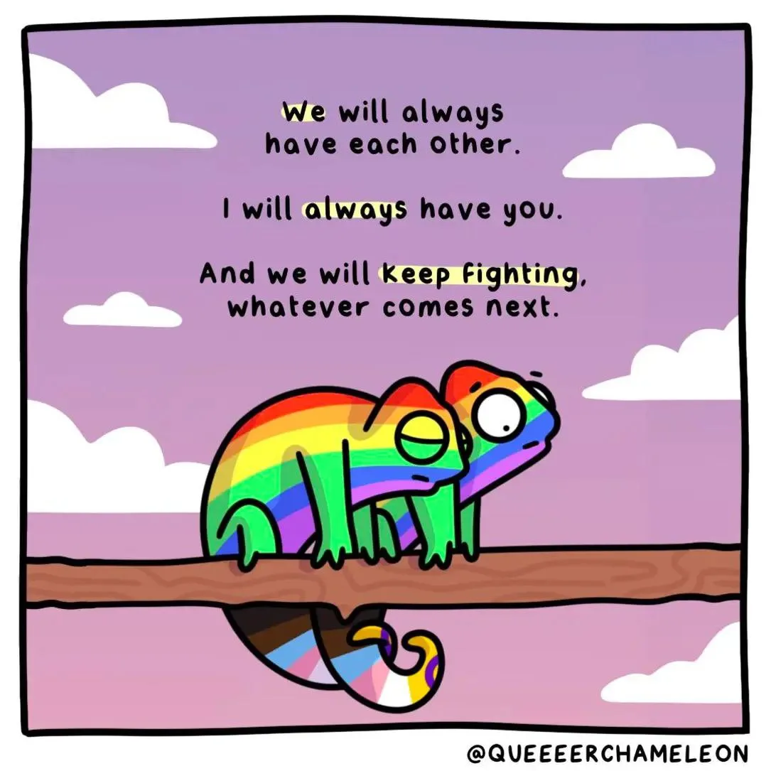 A cartoon chameleon with rainbow-colored skin sits on a branch against a purple sky with clouds. Its reflection in water…