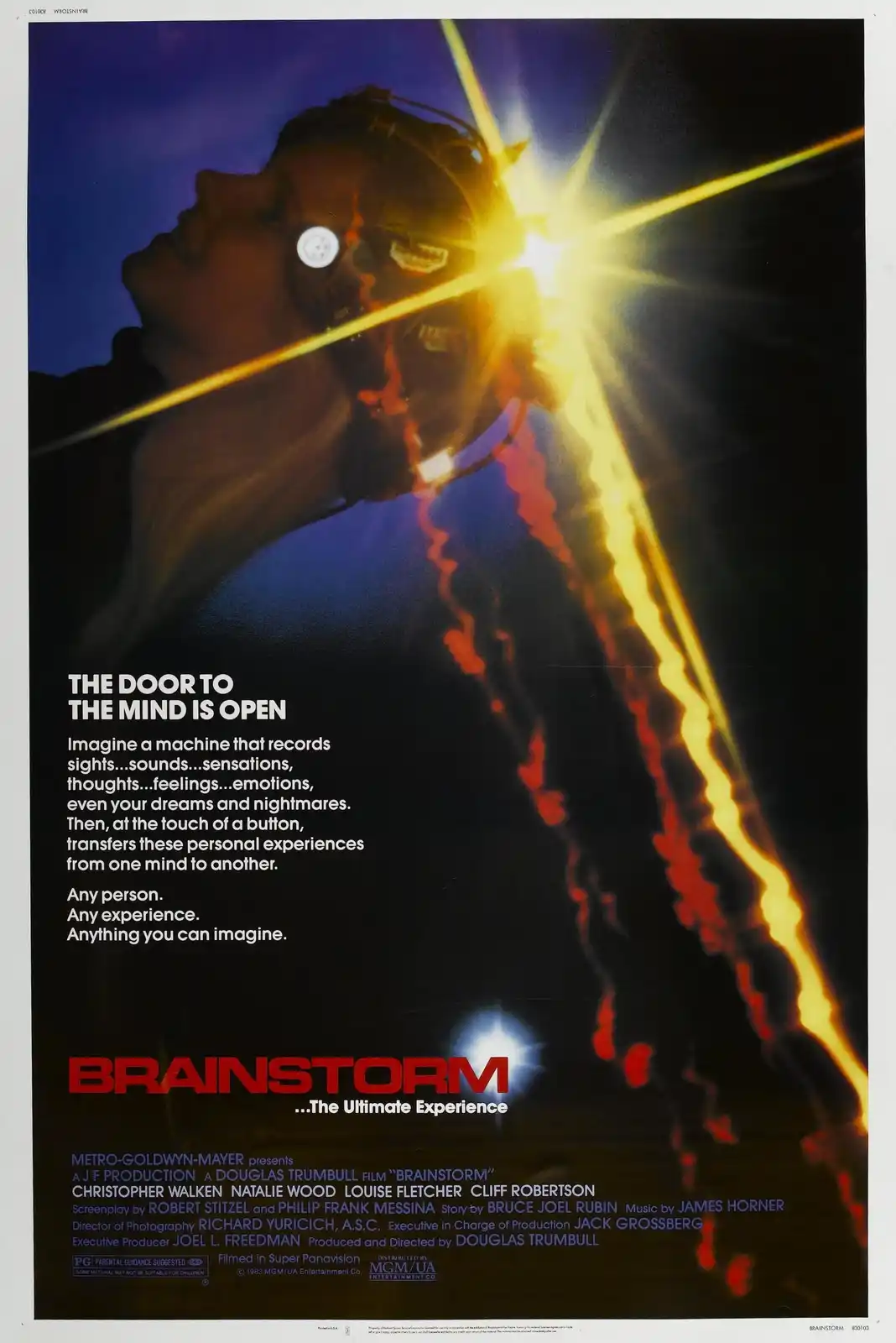 This is a movie poster for the 1983 film 'Brainstorm,' featuring a man in a futuristic headset with bright yellow light…