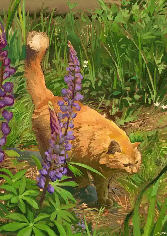 A painting of an orange tabby cat walking through tall green grass and purple lupine flowers, with its tail raised high. The…