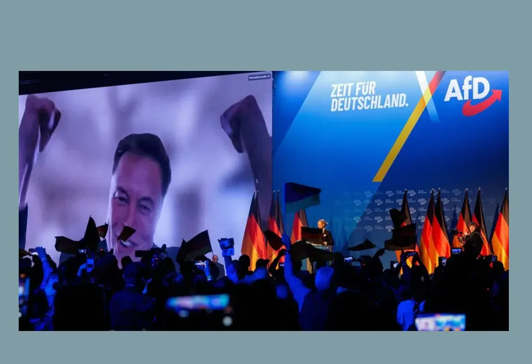 A large screen displays a smiling Elon Musk with raised fists, while a crowd at an AfD political rally holds German flags…
