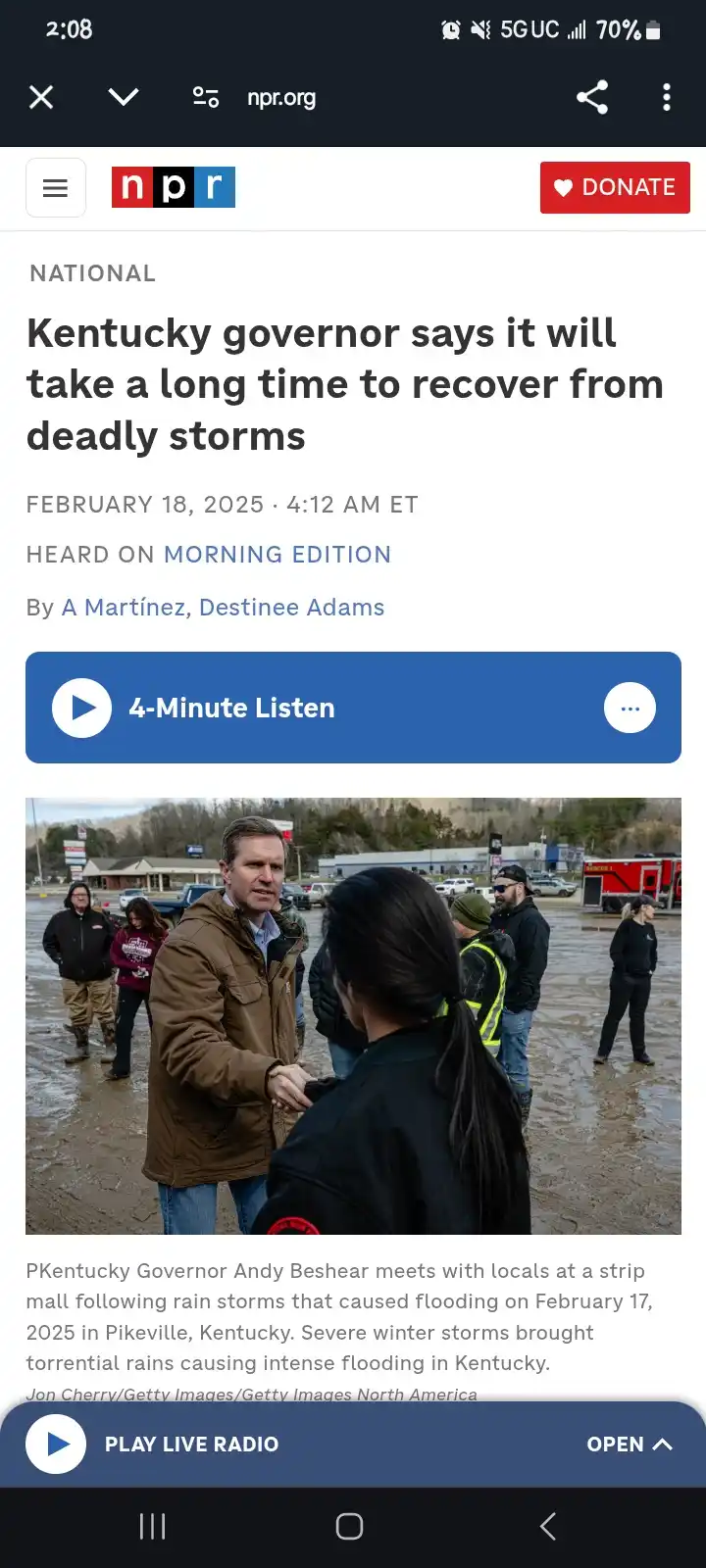 A screenshot of an NPR news article from February 18, 2025, showing Kentucky Governor Andy Beshear shaking hands with a…