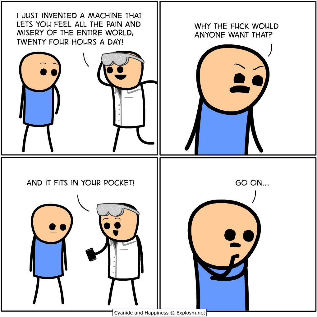 A four-panel comic strip featuring two stick figures. In the first panel, a scientist in a lab coat announces he invented a…