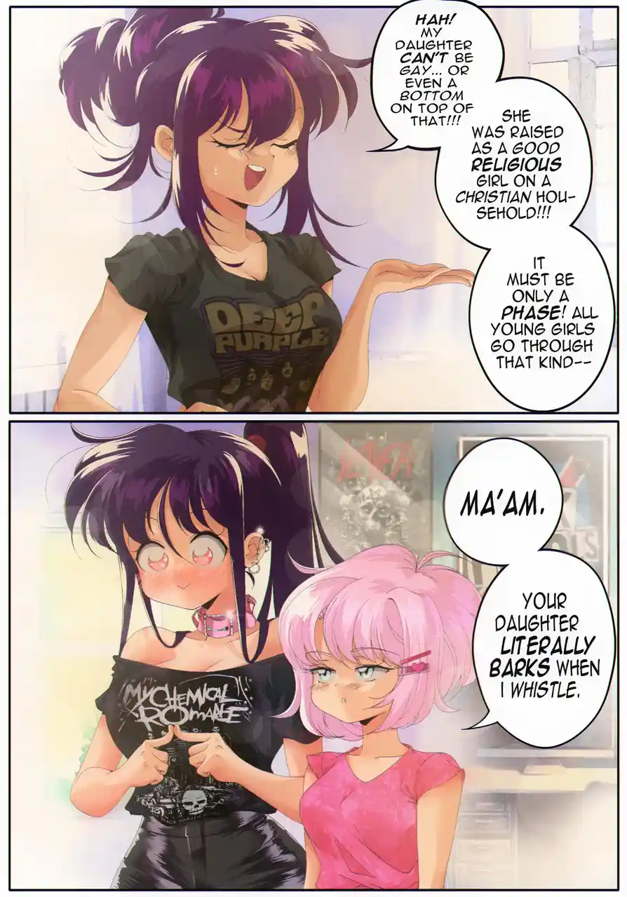 A two-panel anime comic shows a mother confidently dismissing her daughter's sexuality, claiming she's a 'good religious…