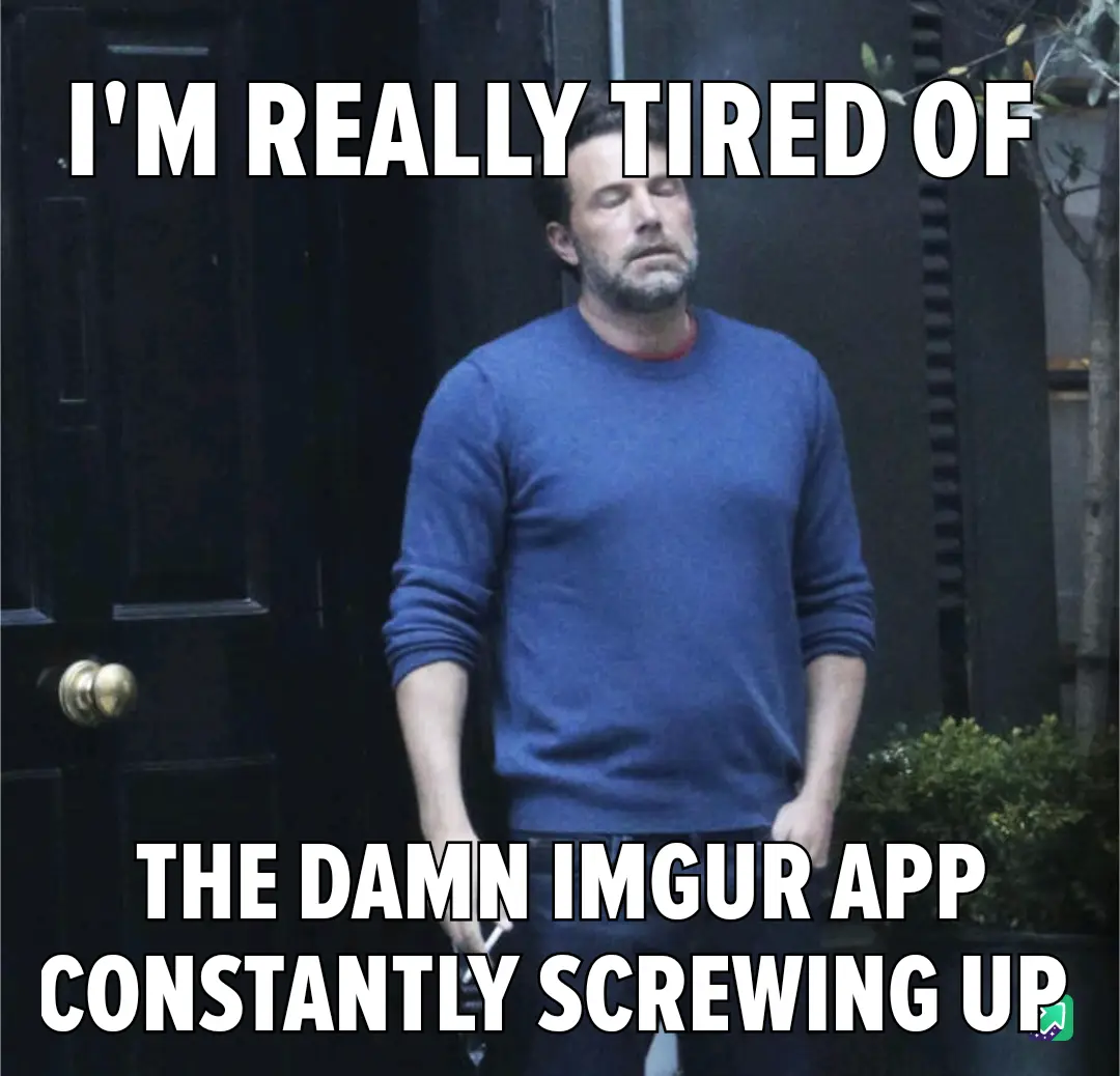 A man in a blue sweater stands outside a dark door with a weary, exasperated expression. White bold text overlays the image…