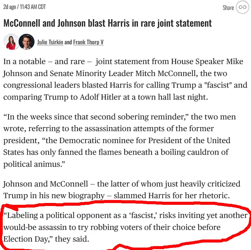 A screenshot of a news article about McConnell and Johnson criticizing Harris for calling Trump a 'fascist' and comparing…