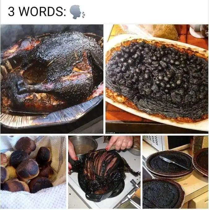 A collage of five images showing various burnt foods: a blackened turkey, a charred bean casserole, burnt rolls, a heavily…