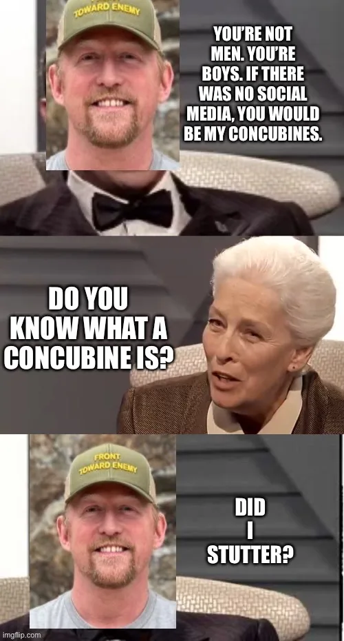 A three-panel meme featuring a man in a 'TOWARD ENEMY' cap and a woman with white hair. The man says, 'YOU'RE NOT MEN…