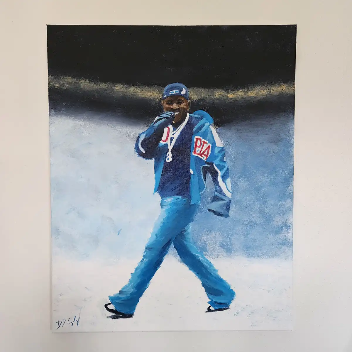 A painting depicts a man in a blue tracksuit and cap, walking confidently while holding a microphone to his mouth. He wears…