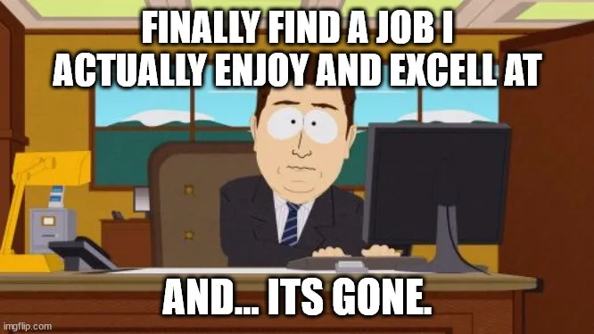 A cartoon man in a suit sits at a desk in an office, looking shocked and dismayed at his computer monitor. The text overlaid…