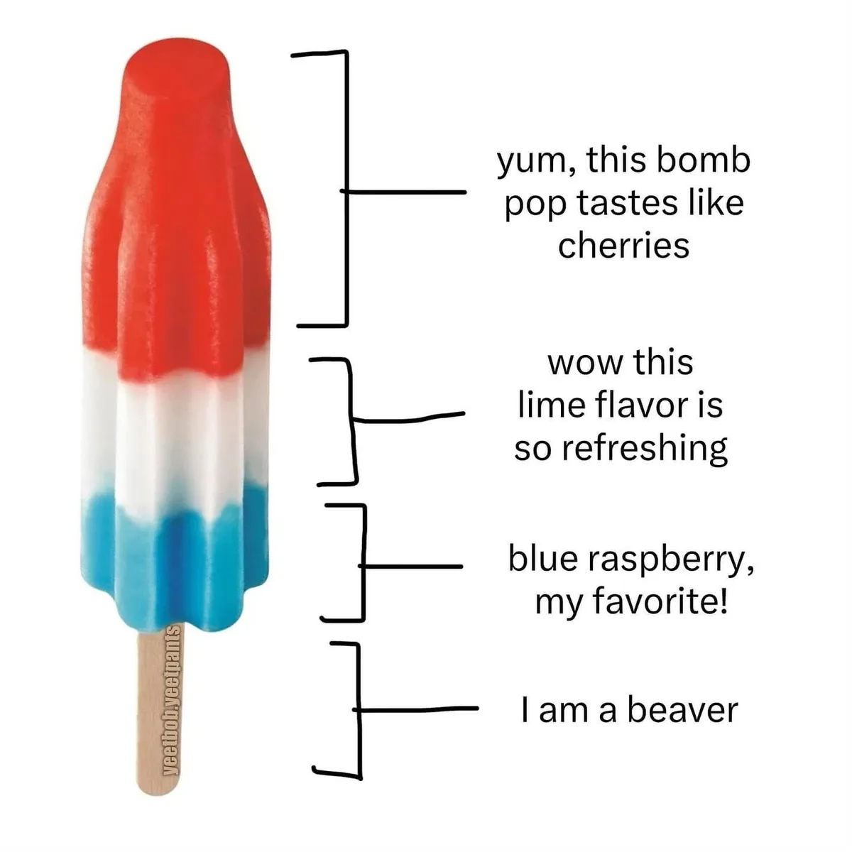 A red, white, and blue striped popsicle is shown with four horizontal lines pointing to different sections. Each line has…