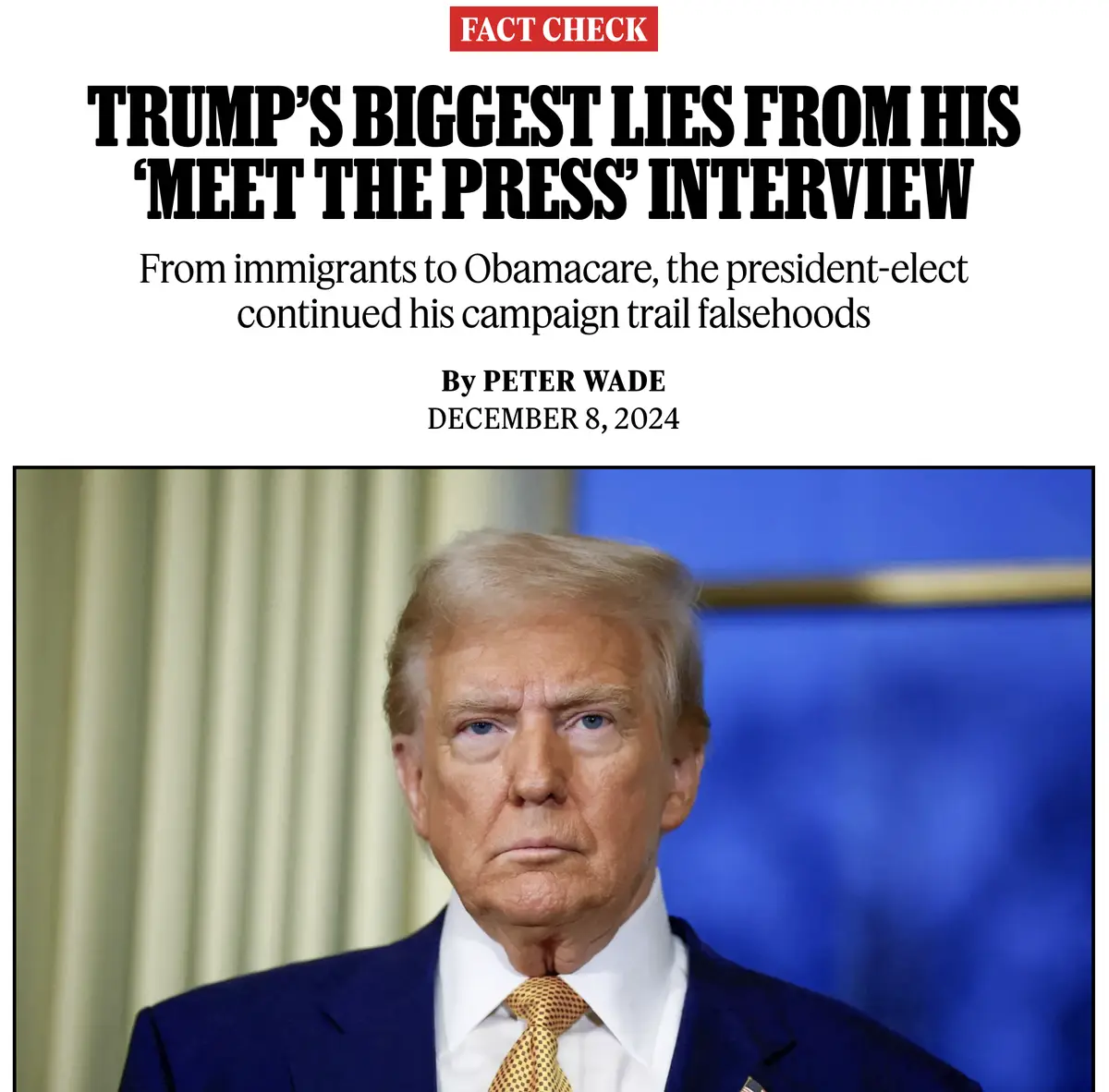 The image displays a newspaper-style article headline with a photo of Donald Trump. The headline reads 'FACT CHECK: TRUMP'S…