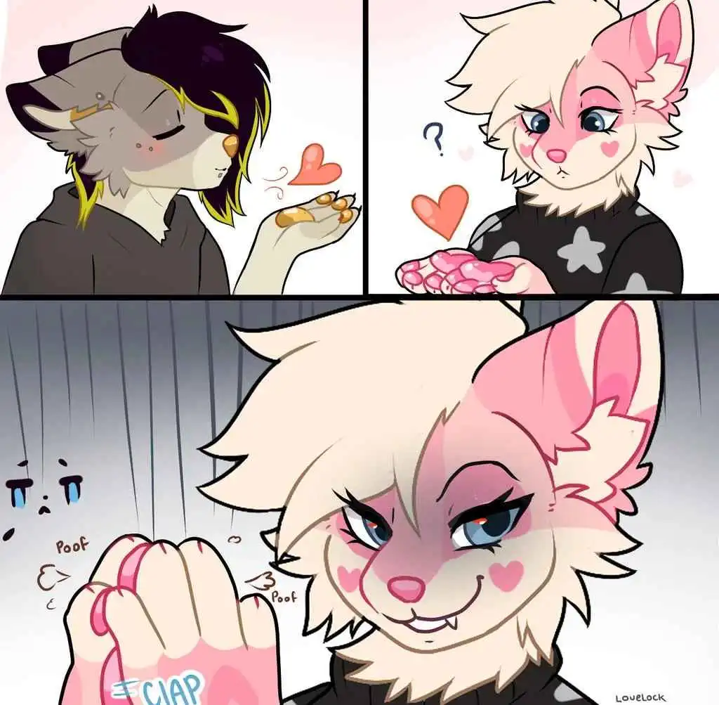 A three-panel comic shows a wolf-like character offering small hearts to a fox-like character, who then transforms her own…