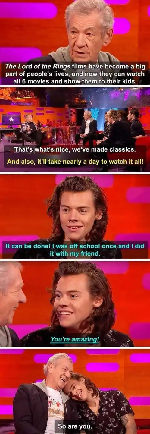 A five-panel meme from The Graham Norton Show featuring Ian McKellen and Harry Styles. McKellen says watching all six Lord…