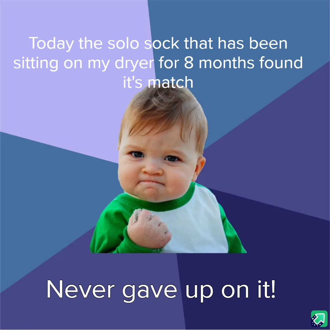 A baby with a determined, slightly smug expression, wearing a green and white shirt, is shown against a geometric purple and…