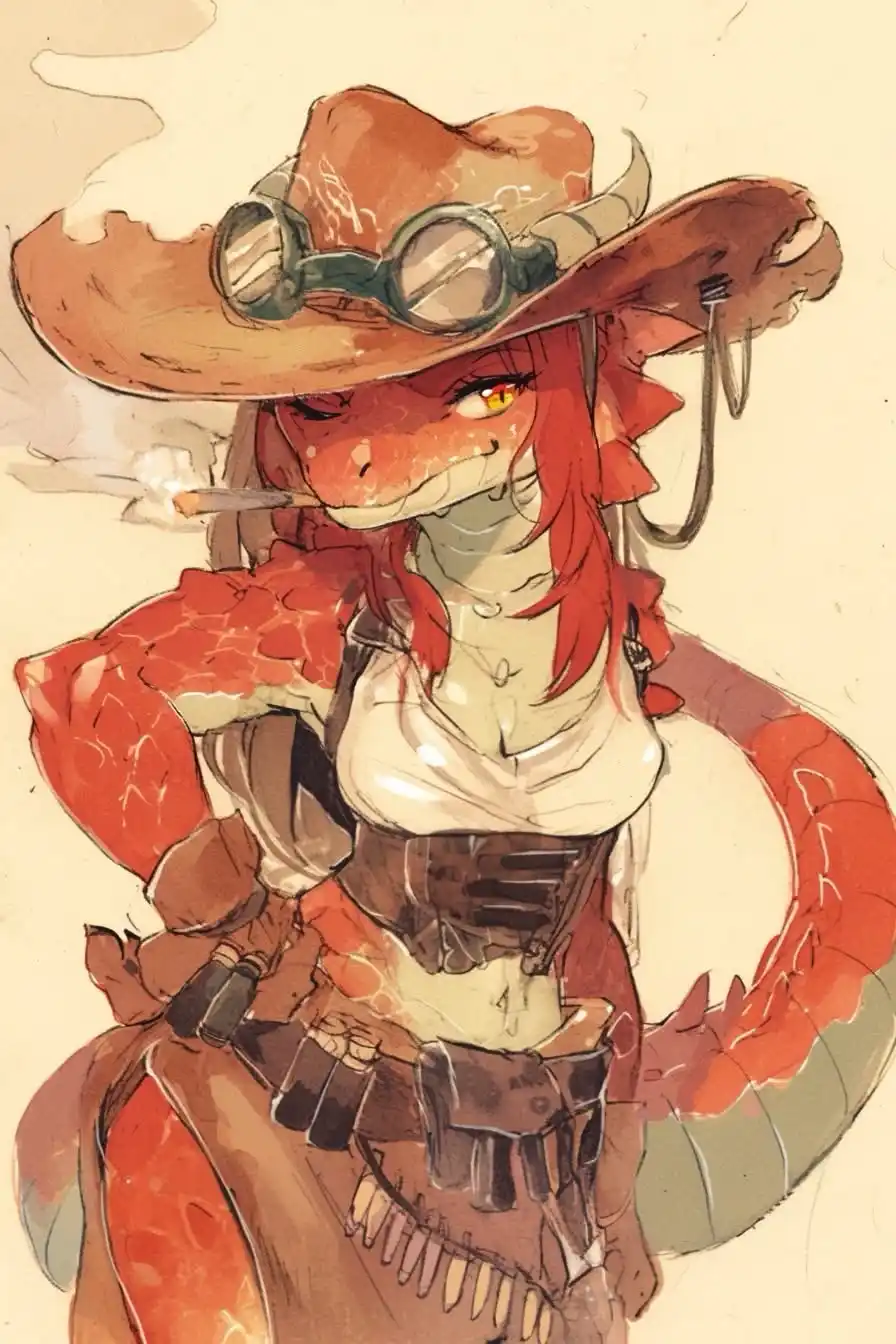 An illustration of a red-scaled, anthropomorphic dragon with long hair, wearing a cowboy hat with goggles, a corset, and a…