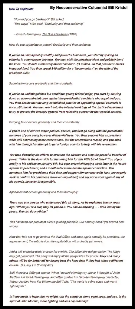 A text-based image mimicking a newspaper article titled 'How To Capitulate By Neoconservative Columnist Bill Kristol'. It…