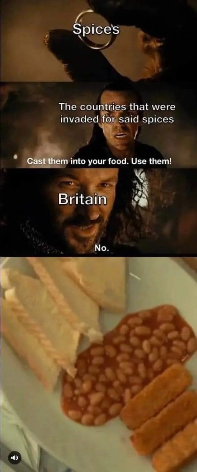 A four-panel meme using scenes from 'The Lord of the Rings' and a photo of a British breakfast. The top panel shows a hand…
