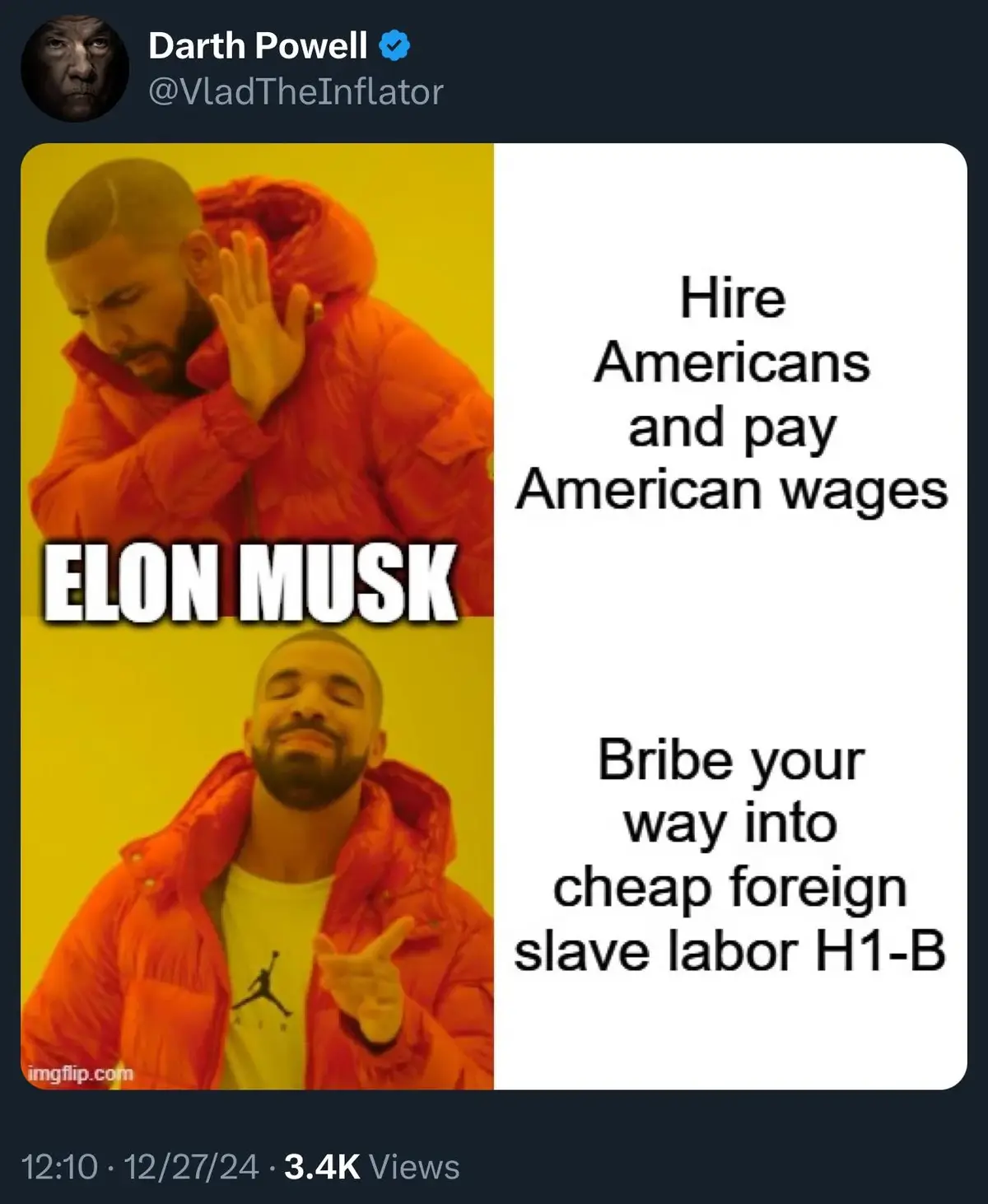 The image shows Drake in two contrasting poses: top panel with his hand over his ear looking annoyed, labeled 'ELON MUSK'…