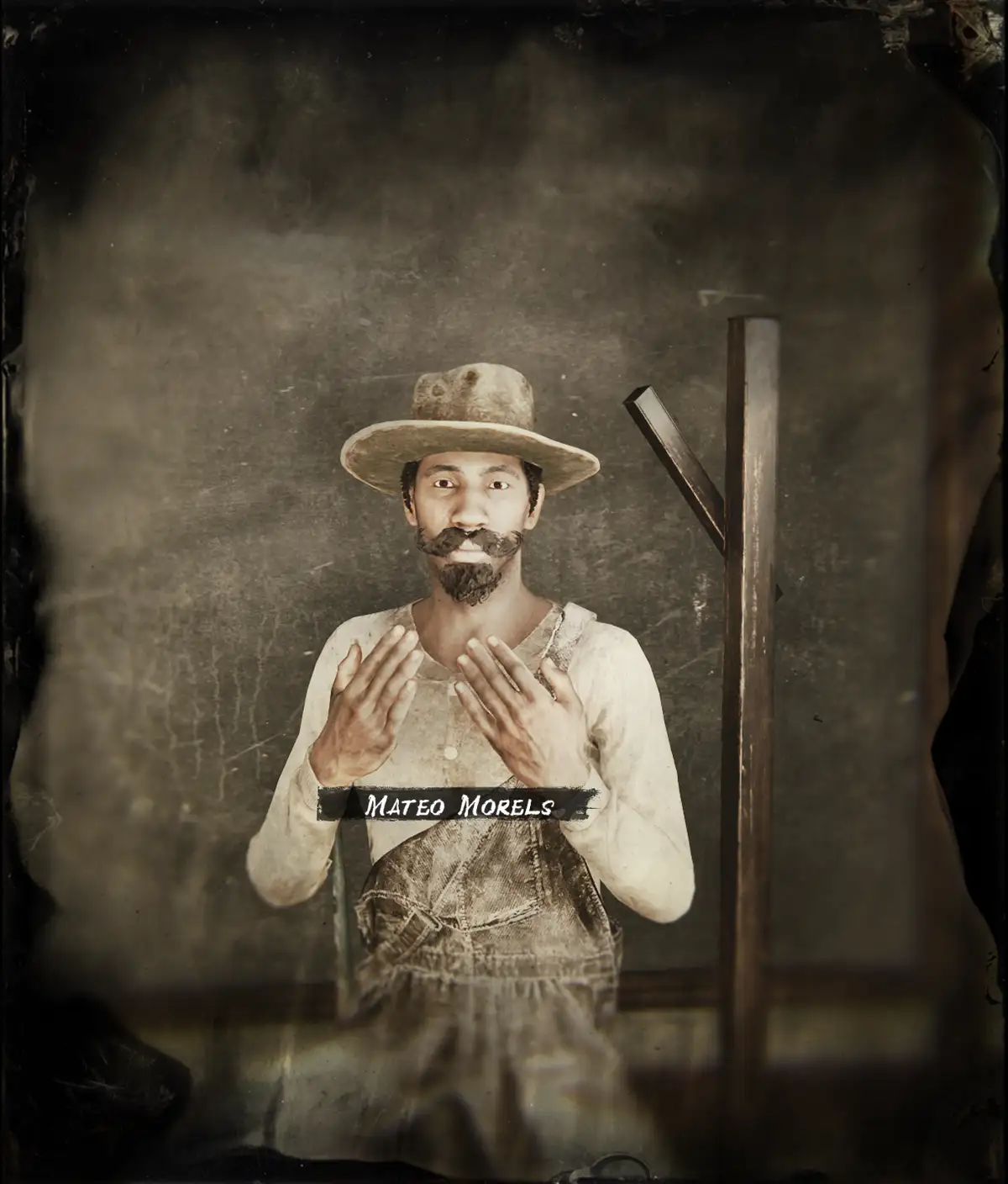 A sepia-toned, vintage-style portrait of a man with a mustache and beard, wearing a hat and overalls, standing with his…