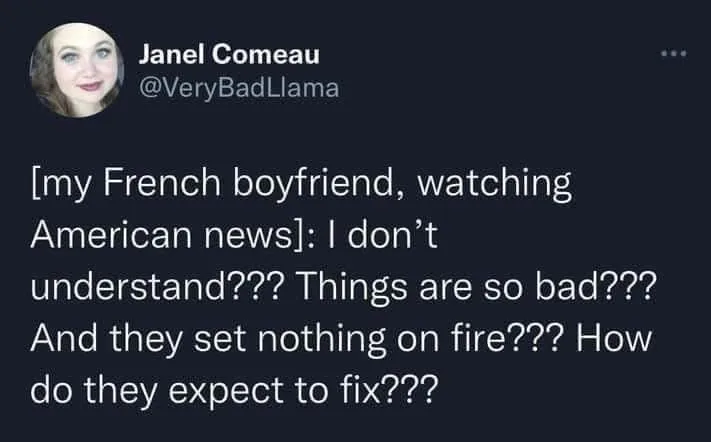 A screenshot of a tweet by Janel Comeau (@VeryBadLlama) showing text that humorously depicts a French boyfriend's bewildered…
