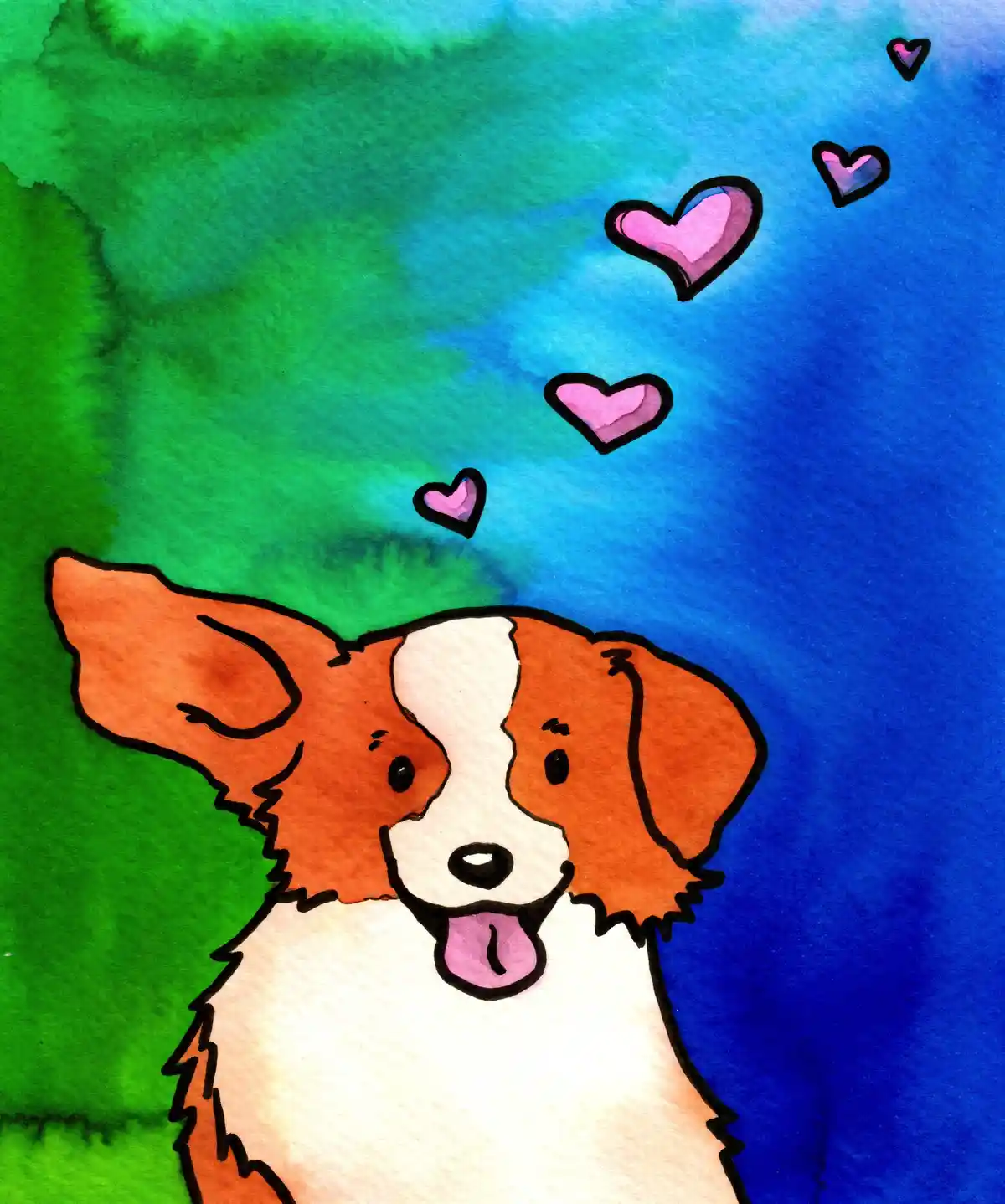 A watercolor illustration of a happy brown and white dog with its tongue out, set against a green and blue background. Four…